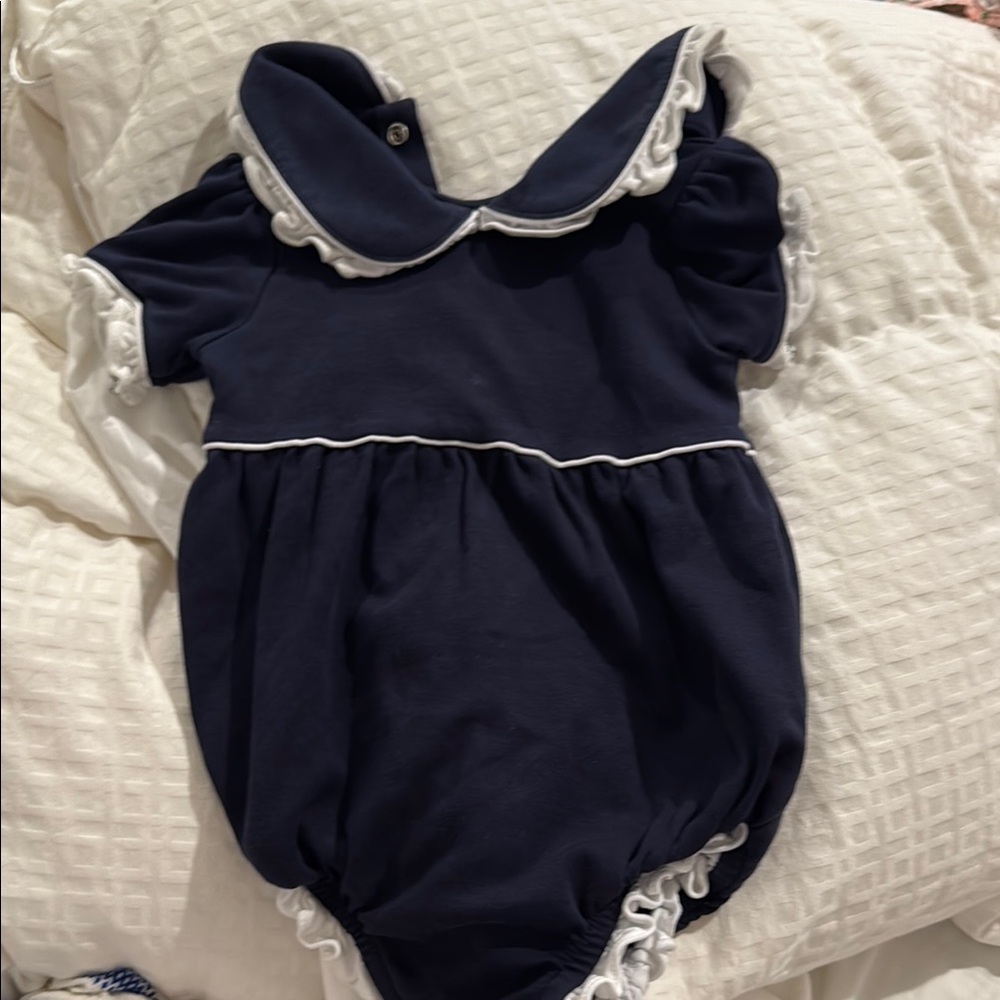 Blue and White Bodysuit with Peter Pan Collar and Ruffle Sleeves